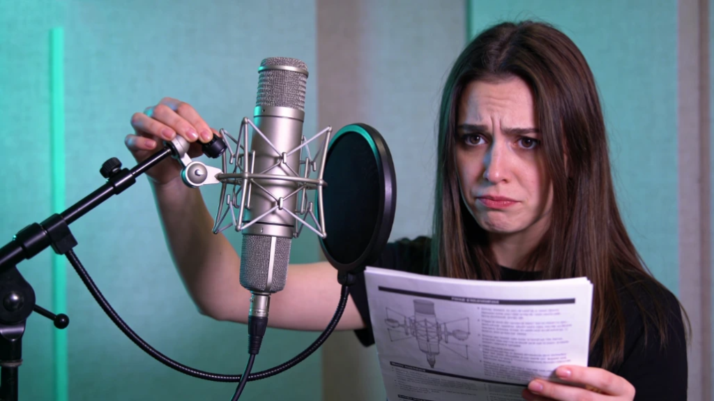 A girl is adjusting her microphone