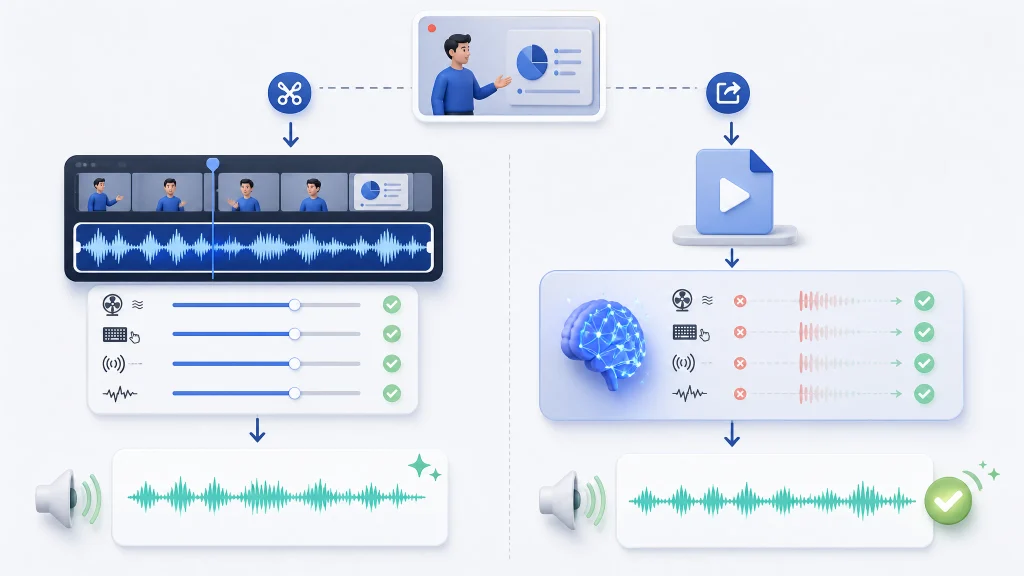 Workflow showing a Camtasia recording export being cleaned with AI audio enhancement