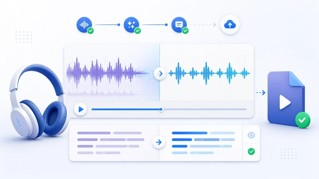 Previewing cleaned speech waveform and captions before publishing a screen recording