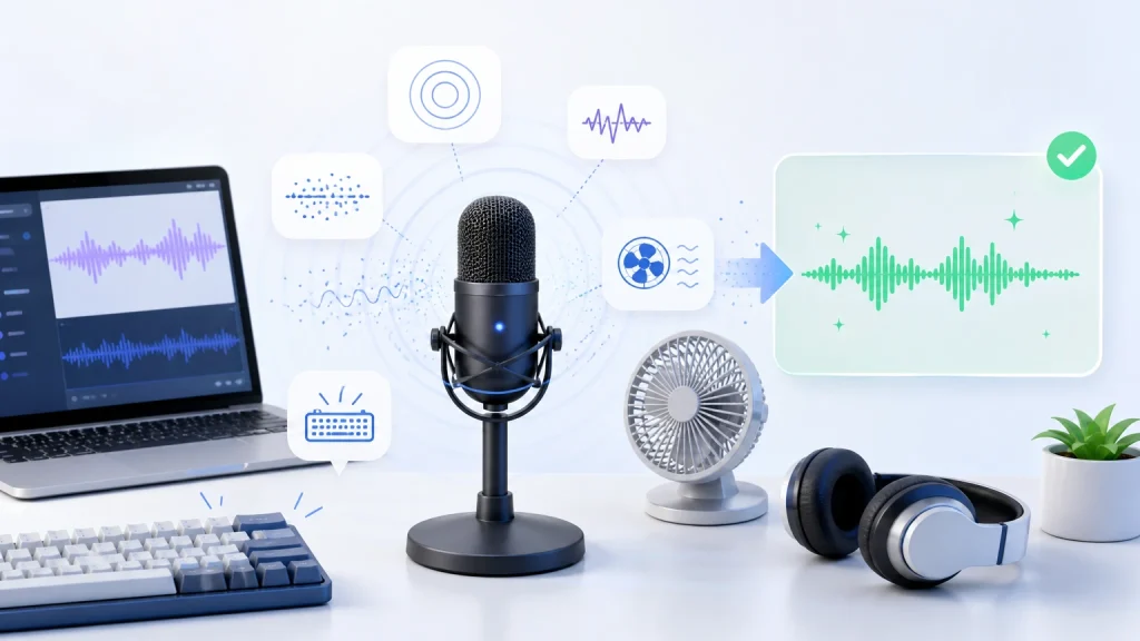 Common screen recording audio problems including fan noise keyboard clicks echo hiss and buzzing