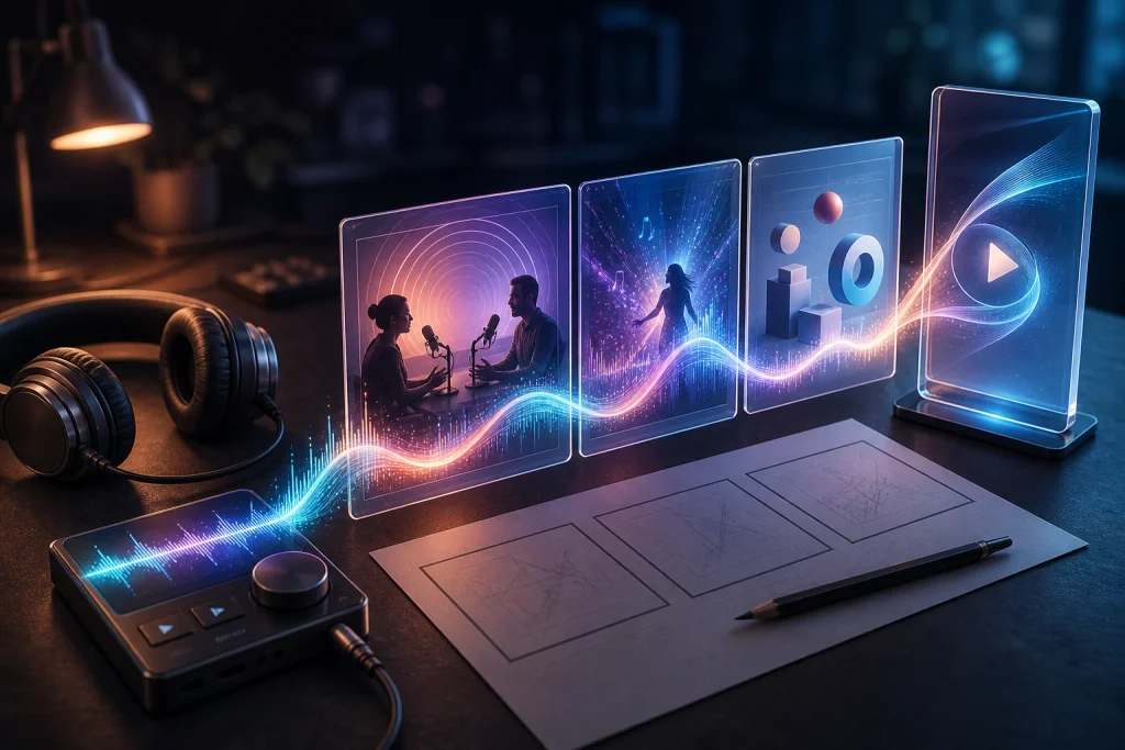 A cinematic workspace showing an audio waveform transforming into video storyboard frames.