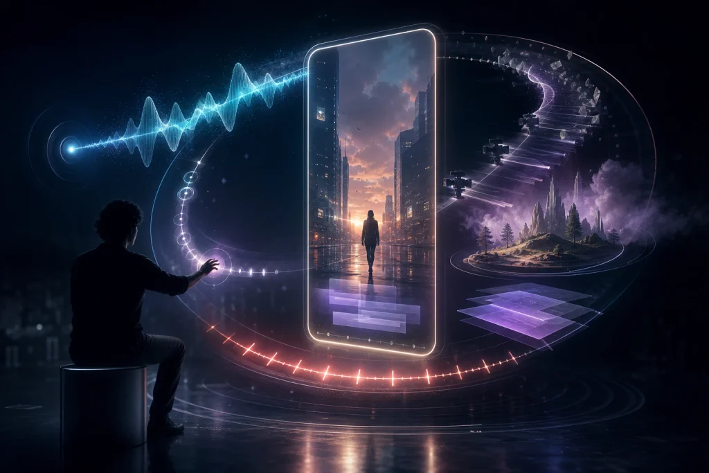 A futuristic audio-first video creation scene connecting voice, rhythm, visual style, and scene direction.