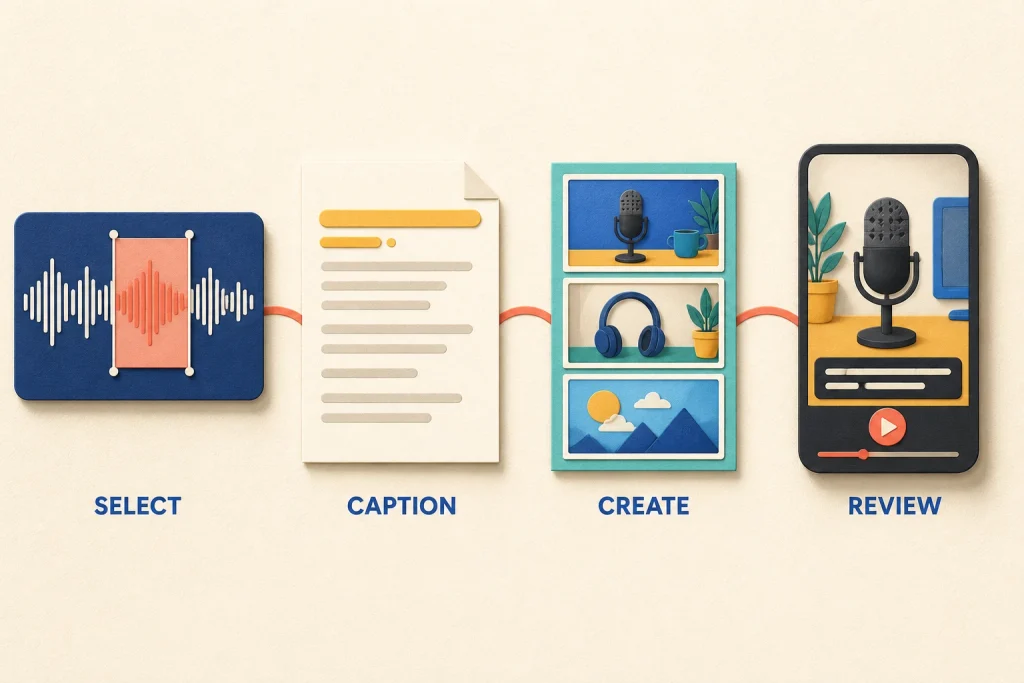 A podcast clip moving through transcript, caption, scene, and video review steps.