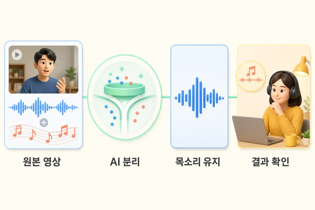 AI가 동영상의 목소리와 배경 음악을 분리한 뒤 결과를 확인하는 과정