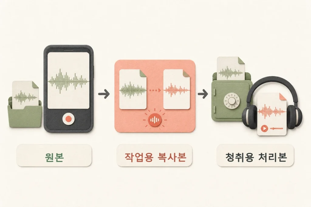 녹음 원본을 보관하고 작업용 복사본으로 잡음을 제거하는 3단계 흐름