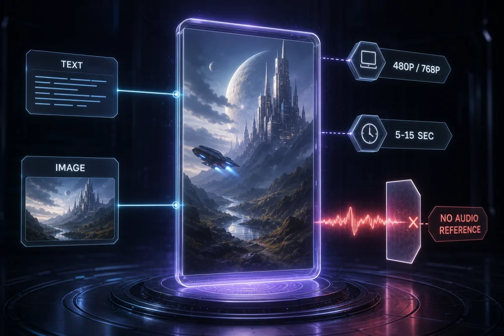 A futuristic visual showing MiniMax H3 Max resolution, duration, and audio-reference limitations.