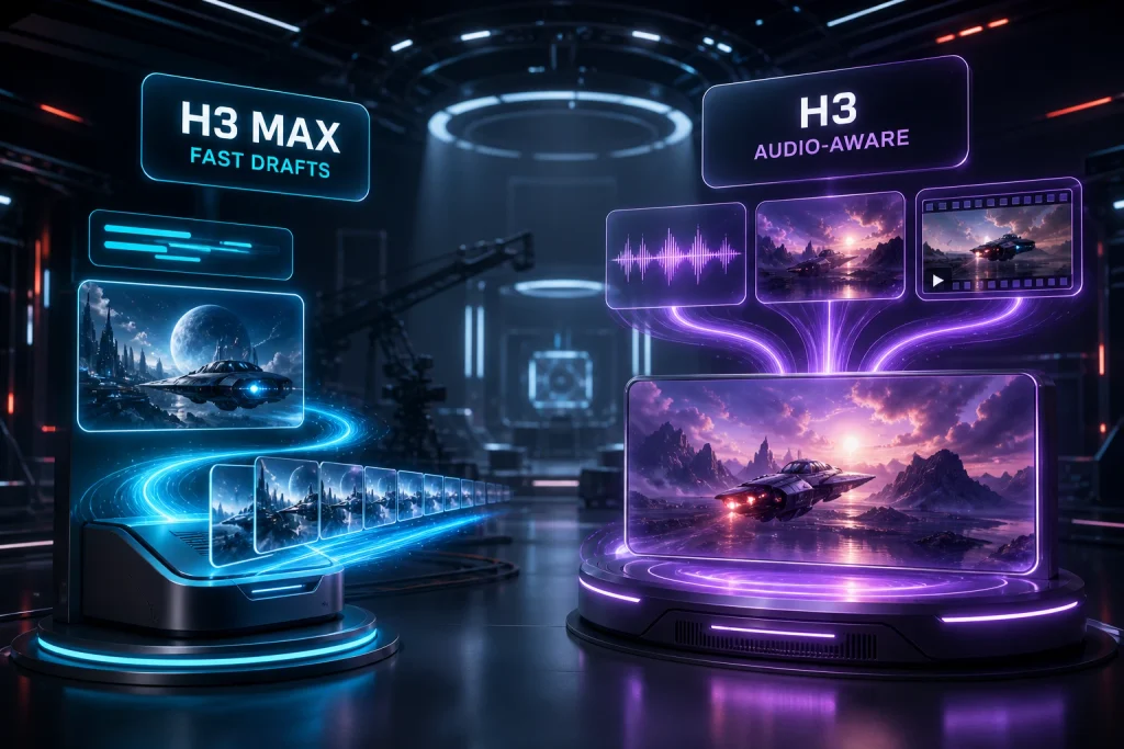 A cinematic comparison between MiniMax H3 Max for fast video drafts and MiniMax H3 for multimodal audio-aware generation.