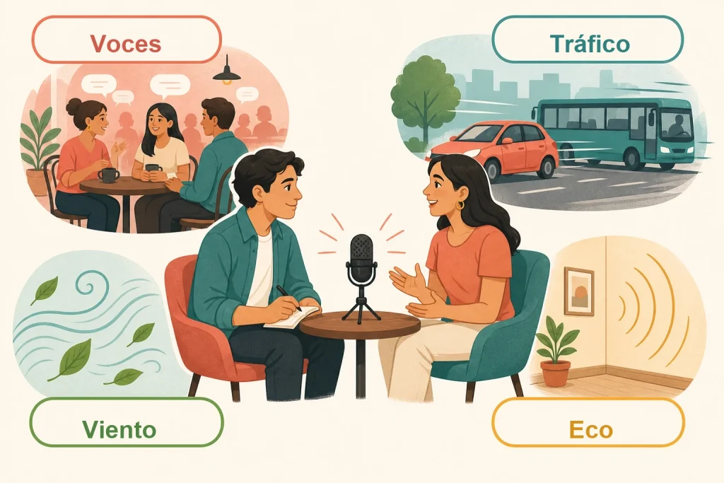 Mapa de ruido de una entrevista con conversaciones, tráfico, viento y eco alrededor del micrófono.