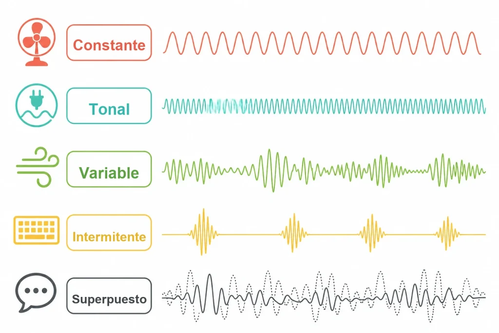Comparación visual de ruido constante, tonal, variable, intermitente y superpuesto en una grabación de audio.