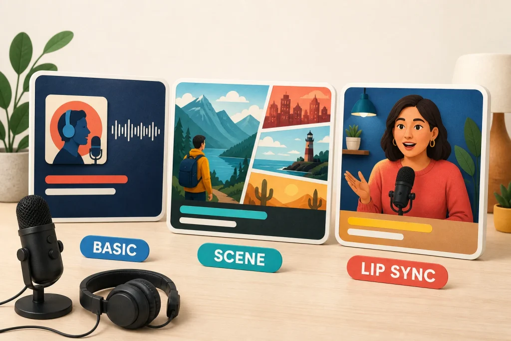 Basic, scene, and lip-sync video formats for an audio-only podcast.